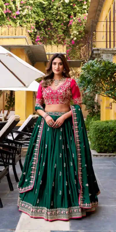 Green Silk Satin Sequins Work Lehenga Choli | Lehenga, Bollywood Lehenga, Creative Lehenga, Designer Lehenga, Embroidered Lehenga, Party Wear Lehenga