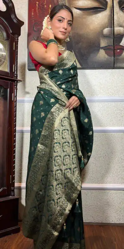 Green Soft Lichi Silk Border Jacquard Work Saree | Sarees, Bollywood Sarees, Creative Sarees, Designer Sarees, Embroidered Sarees, Ethnic Saree, Modern Digital sarees, Party Wear Sarees