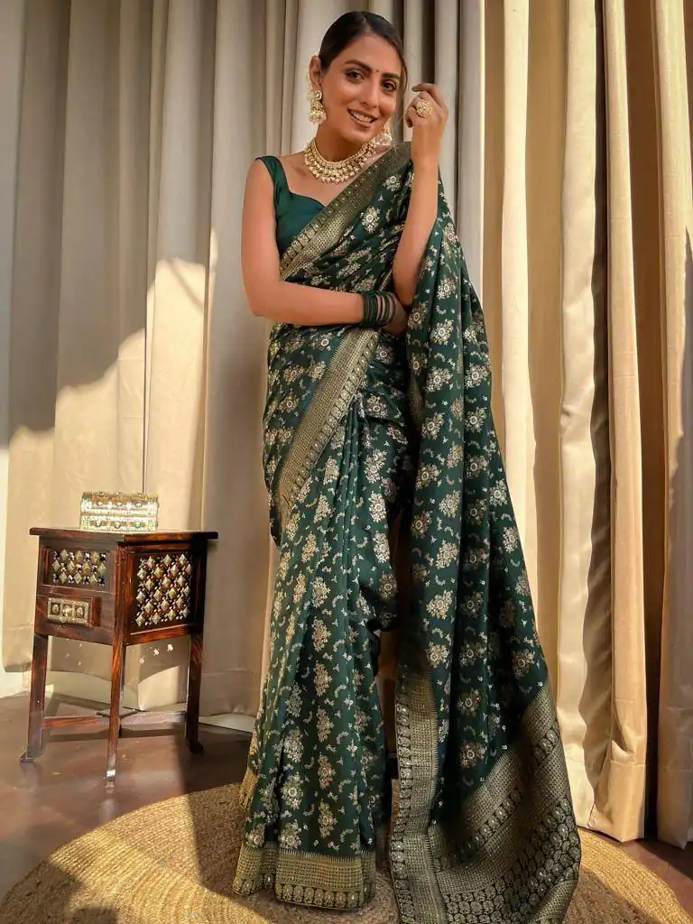 Green Soft Silk Jacquard All Over Work Saree | Sarees, Bollywood Sarees, Creative Sarees, Designer Sarees, Embroidered Sarees, Ethnic Saree, Modern Digital sarees, Party Wear Sarees