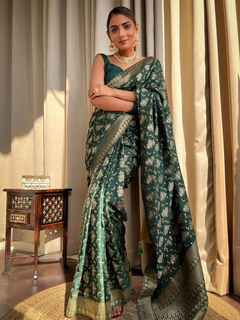 Green Soft Silk Jacquard All Over Work Saree | Sarees, Bollywood Sarees, Creative Sarees, Designer Sarees, Embroidered Sarees, Ethnic Saree, Modern Digital sarees, Party Wear Sarees