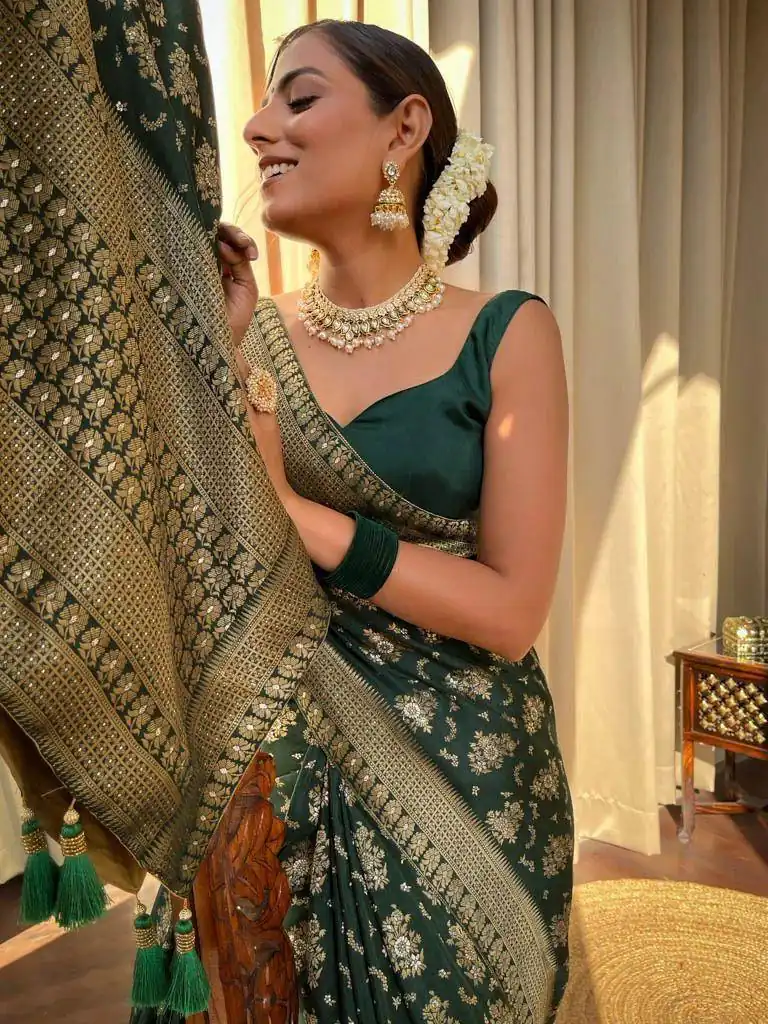 Green Soft Silk Jacquard All Over Work Saree | Sarees, Bollywood Sarees, Creative Sarees, Designer Sarees, Embroidered Sarees, Ethnic Saree, Modern Digital sarees, Party Wear Sarees