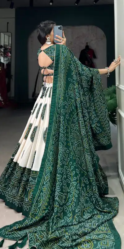 Green Tasar Bandhej Lehenga Choli | Lehenga, Bollywood Lehenga, Creative Lehenga, Designer Lehenga, Embroidered Lehenga, Party Wear Lehenga