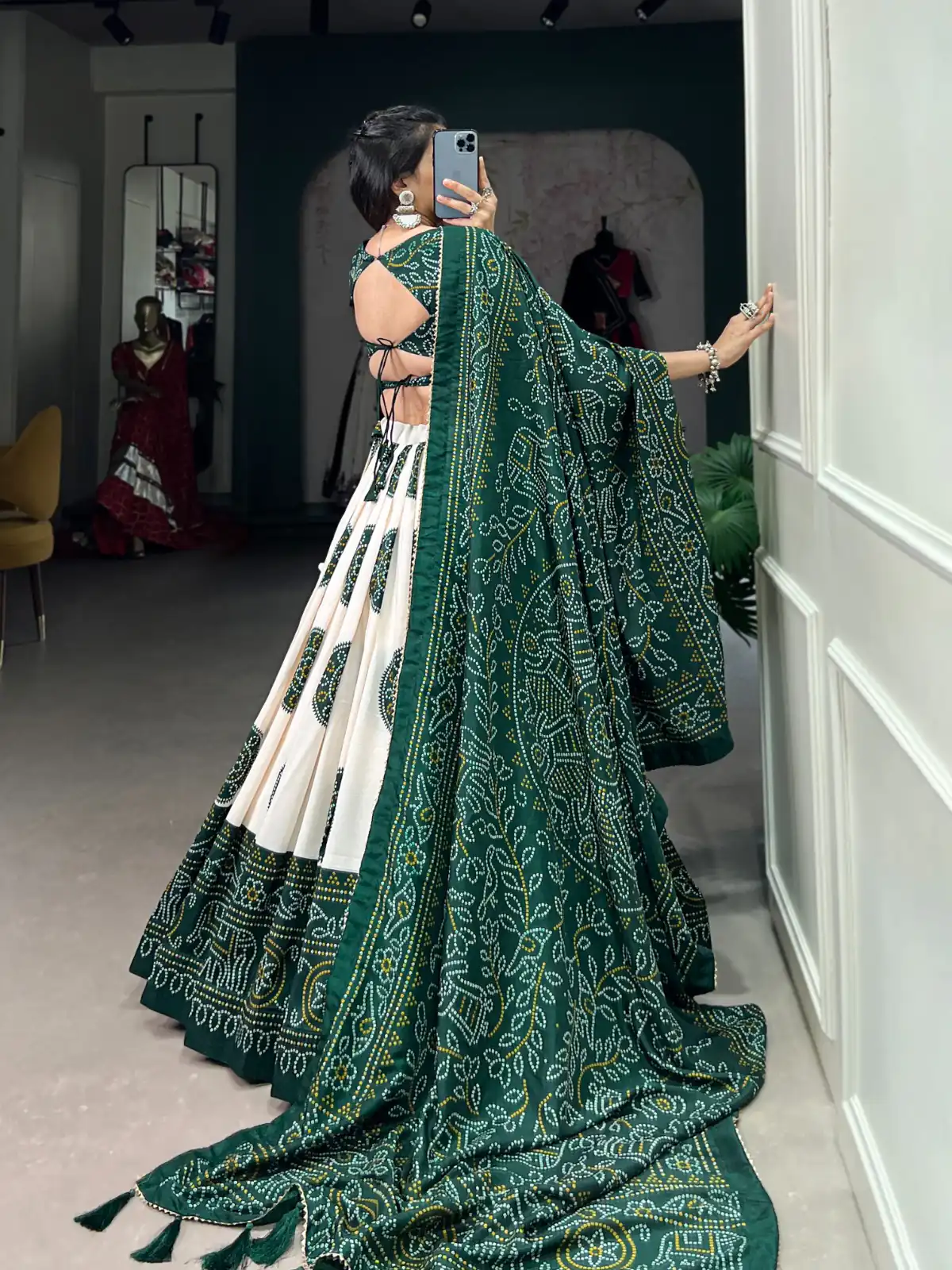 Green Tasar Bandhej Lehenga Choli | Lehenga, Bollywood Lehenga, Creative Lehenga, Designer Lehenga, Embroidered Lehenga, Party Wear Lehenga