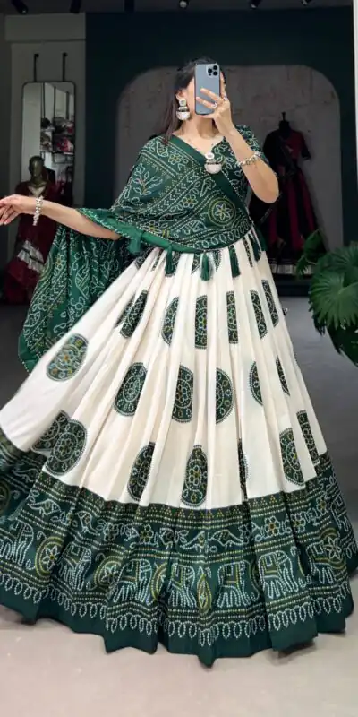 Green Tasar Bandhej Lehenga Choli | Lehenga, Bollywood Lehenga, Creative Lehenga, Designer Lehenga, Embroidered Lehenga, Party Wear Lehenga