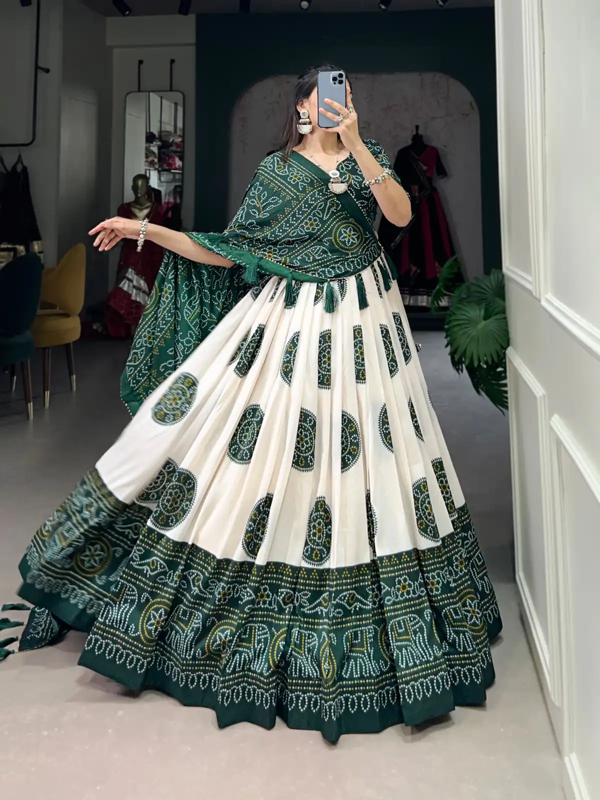 Green Tasar Bandhej Lehenga Choli | Lehenga, Bollywood Lehenga, Creative Lehenga, Designer Lehenga, Embroidered Lehenga, Party Wear Lehenga