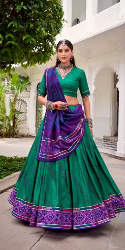 Green Tasar Silk Bandhej Print Lehenga Choli | Lehenga, Bollywood Lehenga, Creative Lehenga, Designer Lehenga, Embroidered Lehenga, Party Wear Lehenga