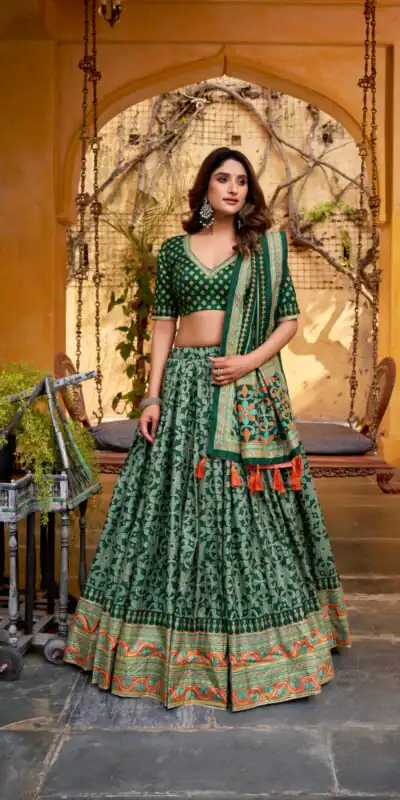 Green Tasar Silk Gotta Patti Lace Work Lehenga Choli | Lehenga, Bollywood Lehenga, Creative Lehenga, Designer Lehenga, Embroidered Lehenga, Party Wear Lehenga