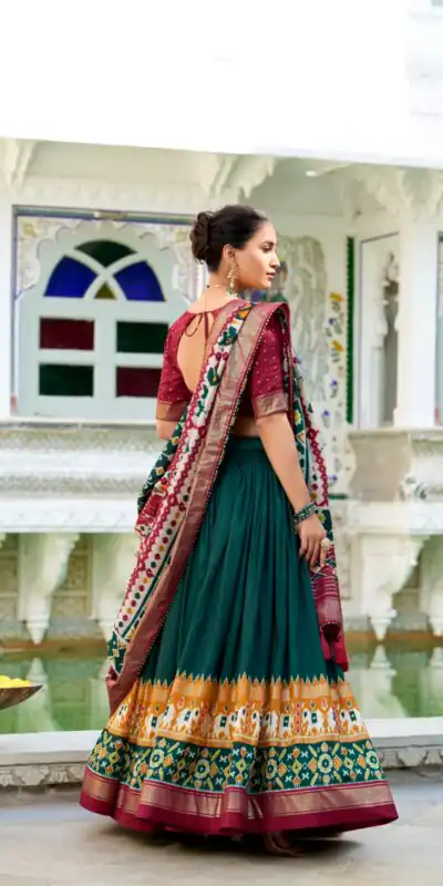 Green Tasar Silk Patola Print Gotta Patti Lehenga Choli | Lehenga, Bollywood Lehenga, Creative Lehenga, Designer Lehenga, Embroidered Lehenga, Party Wear Lehenga