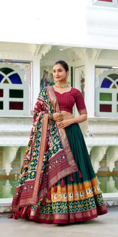 Green Tasar Silk Patola Print Gotta Patti Lehenga Choli | Lehenga, Bollywood Lehenga, Creative Lehenga, Designer Lehenga, Embroidered Lehenga, Party Wear Lehenga