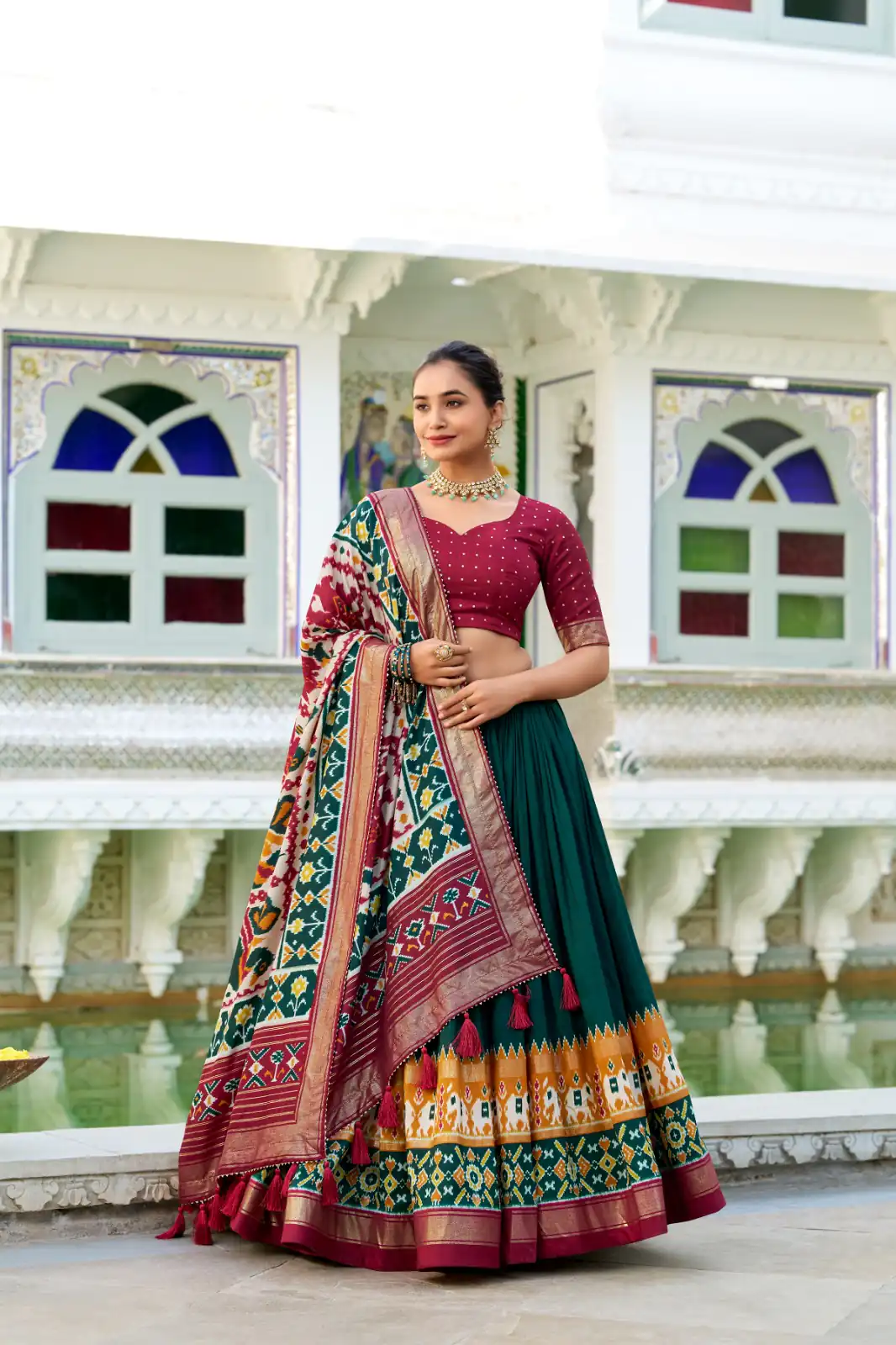 Green Tasar Silk Patola Print Gotta Patti Lehenga Choli | Lehenga, Bollywood Lehenga, Creative Lehenga, Designer Lehenga, Embroidered Lehenga, Party Wear Lehenga