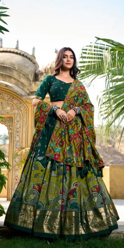 Green Tasar Silk With Gotta Patti Lehenga Choli | Lehenga, Bollywood Lehenga, Creative Lehenga, Designer Lehenga, Embroidered Lehenga, Party Wear Lehenga