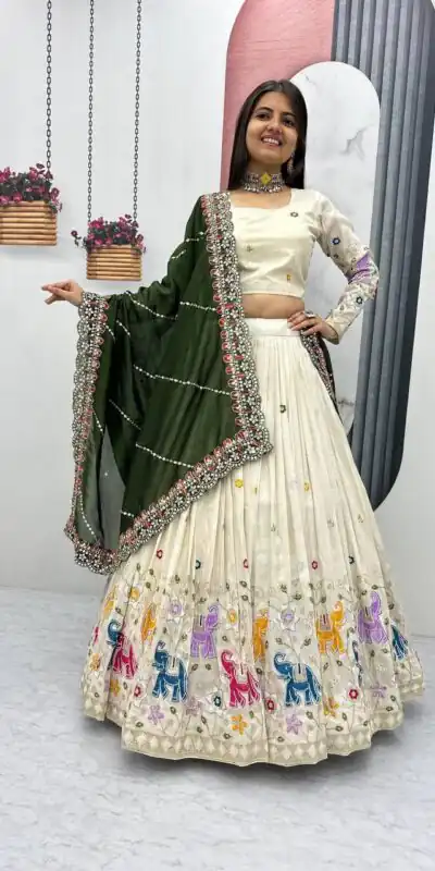 Green Tissue Silk Cut Lace Work Lehenga Choli | Lehenga, Bollywood Lehenga, Creative Lehenga, Designer Lehenga, Embroidered Lehenga, Party Wear Lehenga