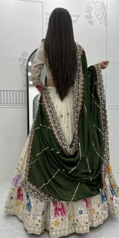 Green Tissue Silk Cut Lace Work Lehenga Choli | Lehenga, Bollywood Lehenga, Creative Lehenga, Designer Lehenga, Embroidered Lehenga, Party Wear Lehenga