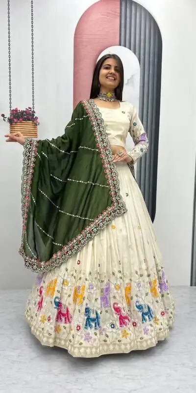Green Tissue Silk Cut Lace Work Lehenga Choli | Lehenga, Bollywood Lehenga, Creative Lehenga, Designer Lehenga, Embroidered Lehenga, Party Wear Lehenga