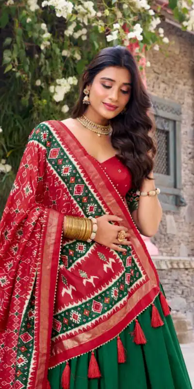 Green Tushar Silk Patola Printed Lehenga Choli | Lehenga, Bollywood Lehenga, Creative Lehenga, Designer Lehenga, Embroidered Lehenga, Party Wear Lehenga