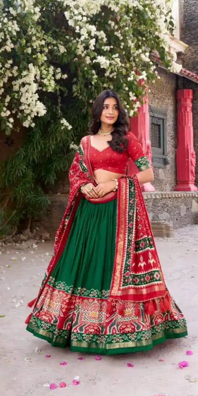 Green Tushar Silk Patola Printed Lehenga Choli | Lehenga, Bollywood Lehenga, Creative Lehenga, Designer Lehenga, Embroidered Lehenga, Party Wear Lehenga