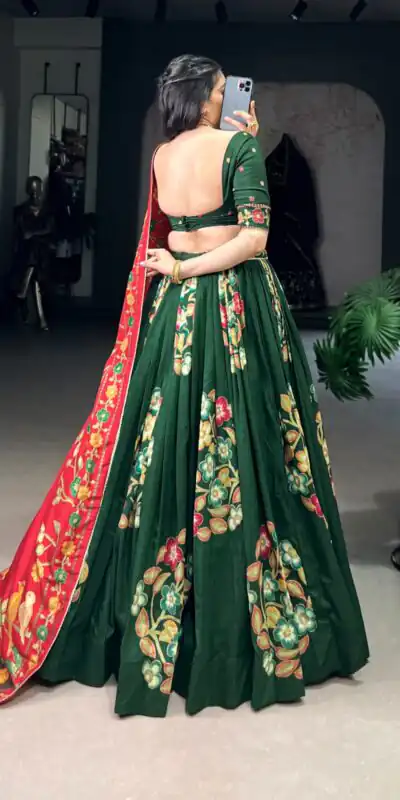 Green Tushar Silk Printed Foil Work Lehenga Choli | Lehenga, Bollywood Lehenga, Creative Lehenga, Designer Lehenga, Embroidered Lehenga, Party Wear Lehenga