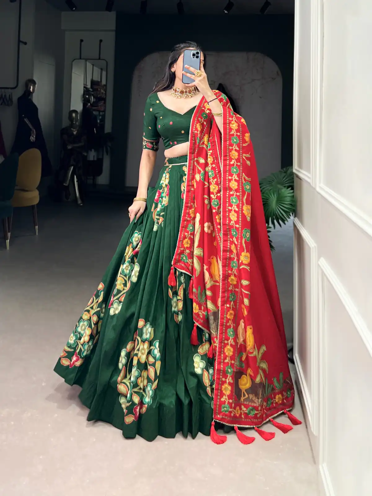 Green Tushar Silk Printed Foil Work Lehenga Choli | Lehenga, Bollywood Lehenga, Creative Lehenga, Designer Lehenga, Embroidered Lehenga, Party Wear Lehenga