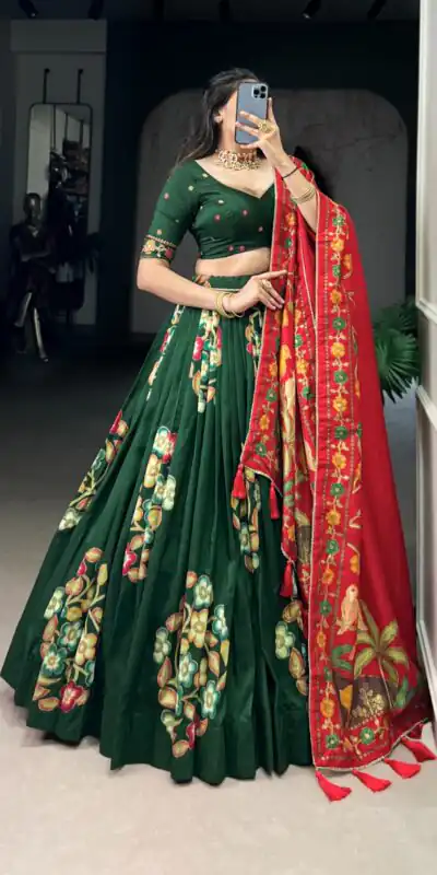 Green Tushar Silk Printed Foil Work Lehenga Choli | Lehenga, Bollywood Lehenga, Creative Lehenga, Designer Lehenga, Embroidered Lehenga, Party Wear Lehenga