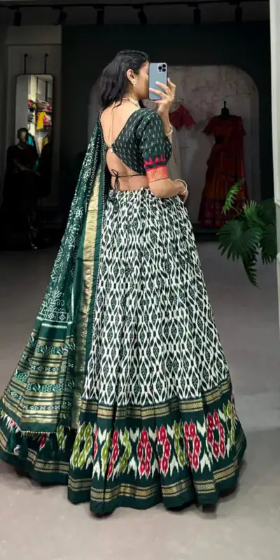 Green Tussar Silk Ikkat Print Foil Work Lehenga Choli | Lehenga, Bollywood Lehenga, Creative Lehenga, Designer Lehenga, Embroidered Lehenga, Party Wear Lehenga