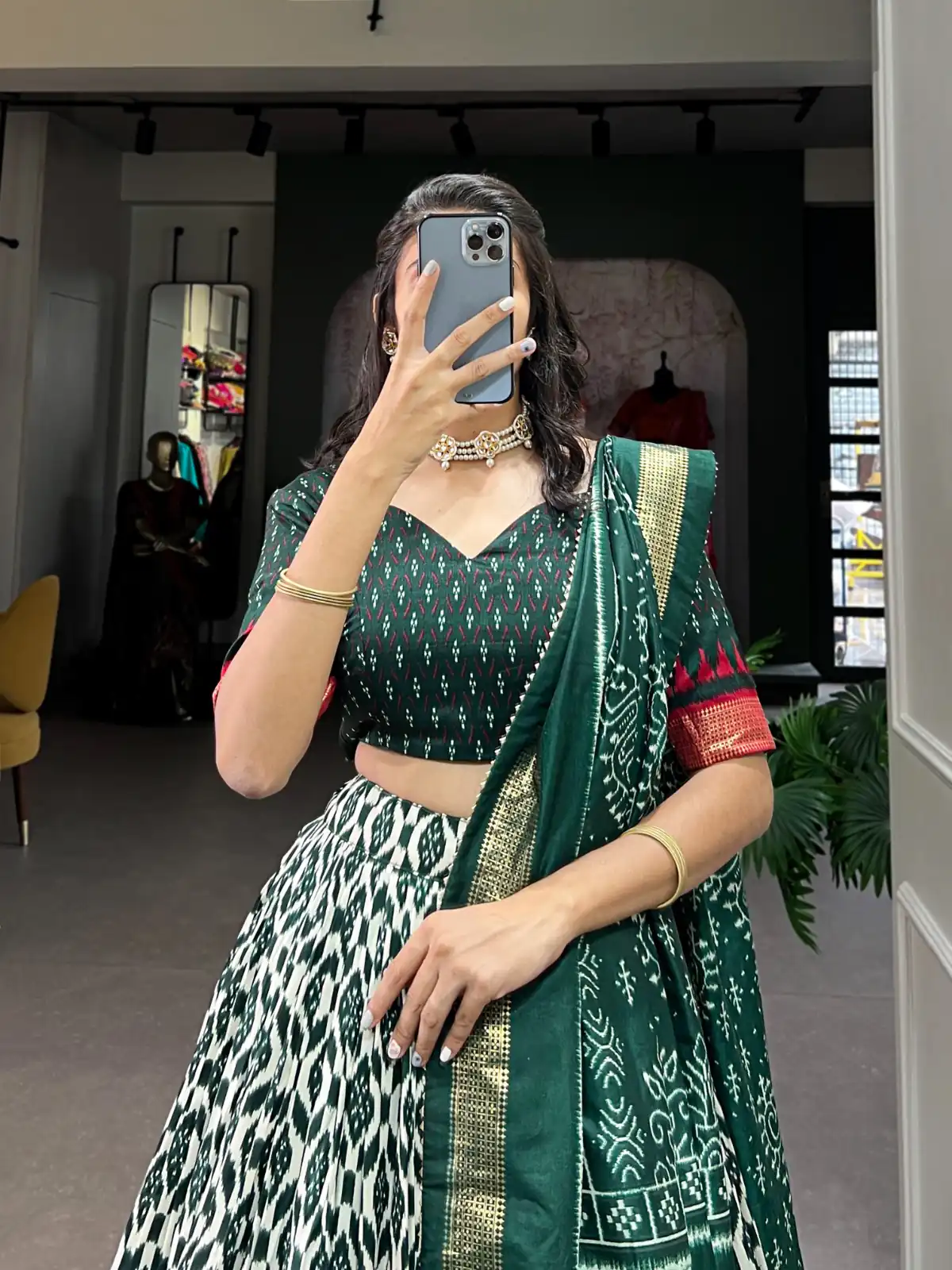 Green Tussar Silk Ikkat Print Foil Work Lehenga Choli | Lehenga, Bollywood Lehenga, Creative Lehenga, Designer Lehenga, Embroidered Lehenga, Party Wear Lehenga
