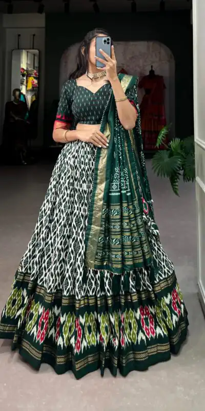 Green Tussar Silk Ikkat Print Foil Work Lehenga Choli | Lehenga, Bollywood Lehenga, Creative Lehenga, Designer Lehenga, Embroidered Lehenga, Party Wear Lehenga