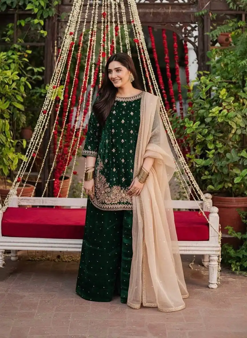 Green Velvet Rivet Moti Hand Work Salwar Suit | Jump Suits, Salwar suit, Casual Suits, Creative suits, Designer Suits, Palazzo Suits, Party Wear Suits, Patiala Suits, Straight Suits