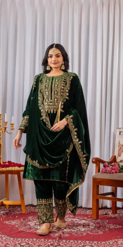 Green Velvet Sequence 5 mm Work Salwar Suit | Jump Suits, Salwar suit, Casual Suits, Creative suits, Designer Suits, Palazzo Suits, Party Wear Suits, Patiala Suits, Straight Suits