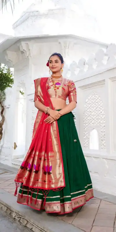 Green Vichitra Paithni Lehenga Choli | Lehenga, Bollywood Lehenga, Creative Lehenga, Designer Lehenga, Embroidered Lehenga, Party Wear Lehenga