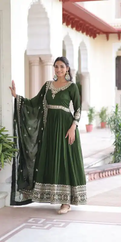 Green Vichitra Silk Embroidery Sequins Work Gown | Gowns, Bollywood Gowns, Creative Gowns, Designer Gowns, Embroidered Gowns, Party Wear Gowns