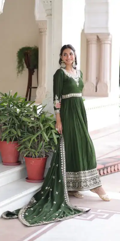 Green Vichitra Silk Embroidery Sequins Work Gown | Gowns, Bollywood Gowns, Creative Gowns, Designer Gowns, Embroidered Gowns, Party Wear Gowns