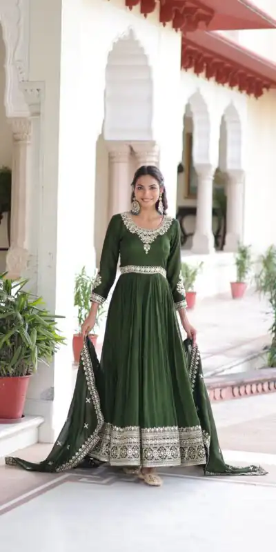 Green Vichitra Silk Embroidery Sequins Work Gown | Gowns, Bollywood Gowns, Creative Gowns, Designer Gowns, Embroidered Gowns, Party Wear Gowns