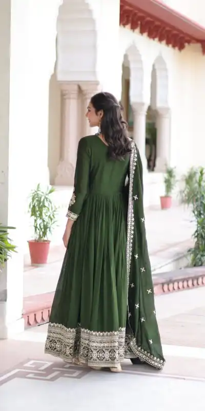 Green Vichitra Silk Embroidery Sequins Work Gown | Gowns, Bollywood Gowns, Creative Gowns, Designer Gowns, Embroidered Gowns, Party Wear Gowns
