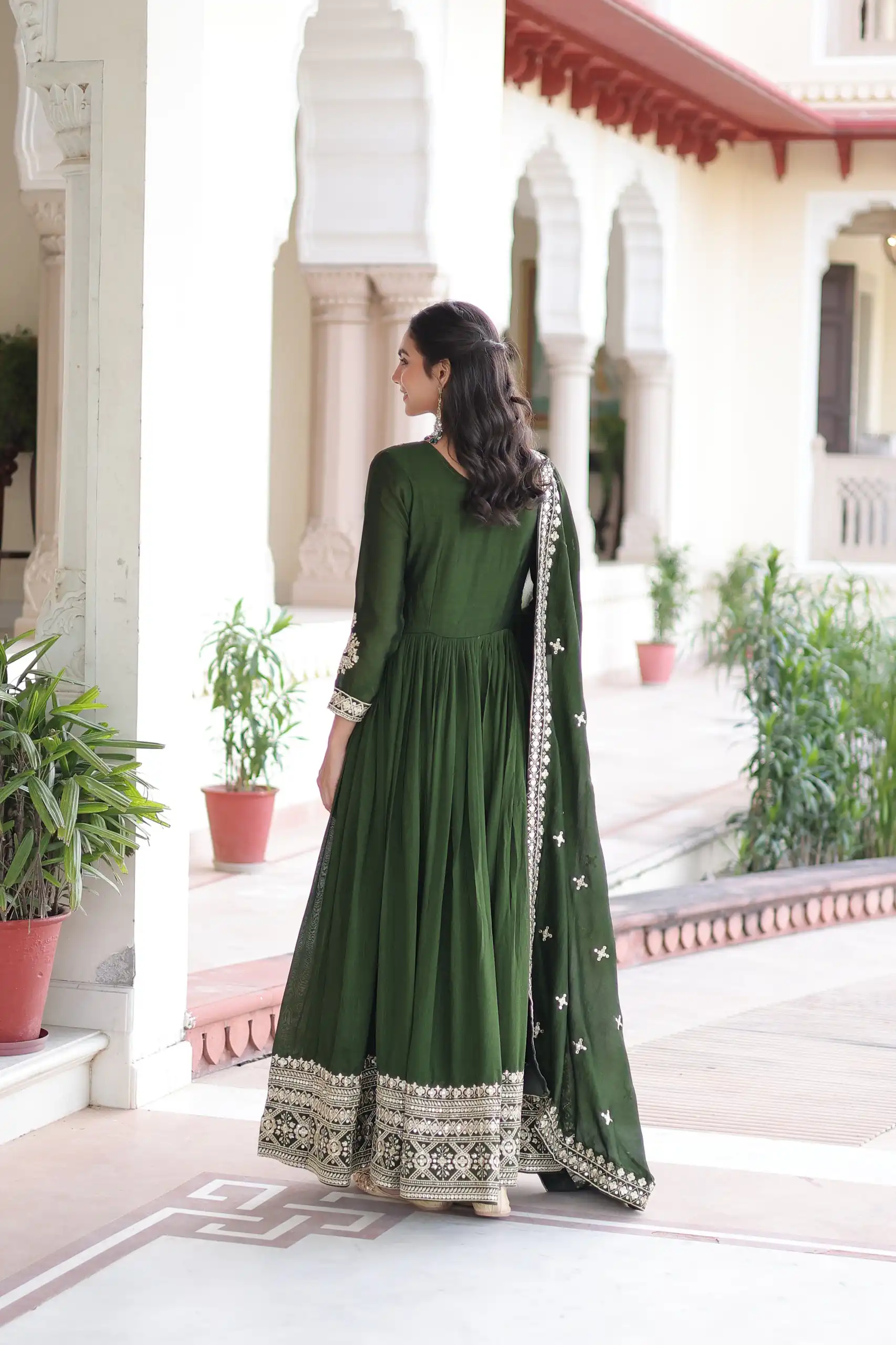 Green Vichitra Silk Embroidery Sequins Work Gown | Gowns, Bollywood Gowns, Creative Gowns, Designer Gowns, Embroidered Gowns, Party Wear Gowns