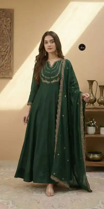 Green Vichitra Silk Sequence Work Gown | Gowns, Bollywood Gowns, Creative Gowns, Designer Gowns, Embroidered Gowns, Party Wear Gowns