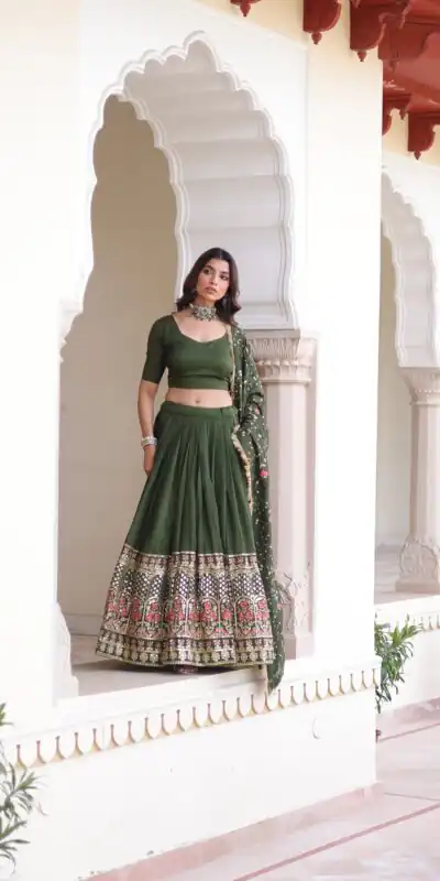 Green Vichitra Silk With Embroider Lehenga Choli | Lehenga, Bollywood Lehenga, Creative Lehenga, Designer Lehenga, Embroidered Lehenga, Party Wear Lehenga