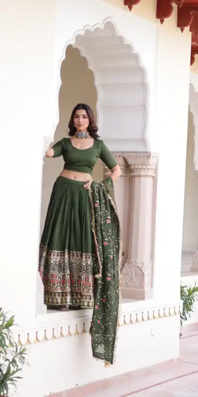 Green Vichitra Silk With Embroider Lehenga Choli | Lehenga, Bollywood Lehenga, Creative Lehenga, Designer Lehenga, Embroidered Lehenga, Party Wear Lehenga