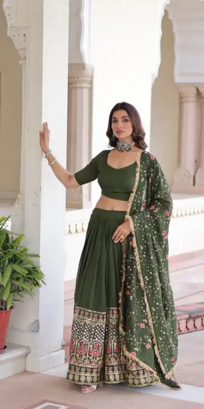 Green Vichitra Silk With Embroider Lehenga Choli | Lehenga, Bollywood Lehenga, Creative Lehenga, Designer Lehenga, Embroidered Lehenga, Party Wear Lehenga