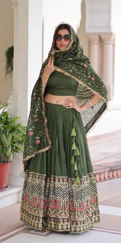Green Vichitra Silk With Embroider Lehenga Choli | Lehenga, Bollywood Lehenga, Creative Lehenga, Designer Lehenga, Embroidered Lehenga, Party Wear Lehenga