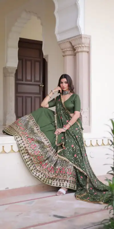 Green Vichitra Silk With Embroider Lehenga Choli | Lehenga, Bollywood Lehenga, Creative Lehenga, Designer Lehenga, Embroidered Lehenga, Party Wear Lehenga