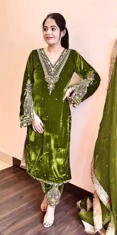 Green Viscose Velvet Embroidery Salwar Suit | Jump Suits, Salwar suit, Casual Suits, Creative suits, Designer Suits, Palazzo Suits, Party Wear Suits, Patiala Suits, Straight Suits