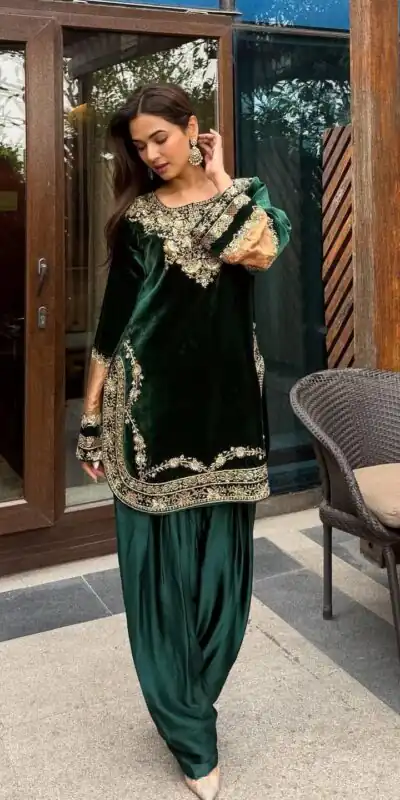 Green Viscose Velvet Thread Work Salwar Suit | Jump Suits, Salwar suit, Casual Suits, Creative suits, Designer Suits, Palazzo Suits, Party Wear Suits, Patiala Suits, Straight Suits