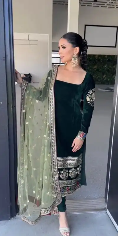 Green Viscous Velvet Embroider Work Salwar Suit | Jump Suits, Salwar suit, Casual Suits, Creative suits, Designer Suits, Palazzo Suits, Party Wear Suits, Patiala Suits, Straight Suits