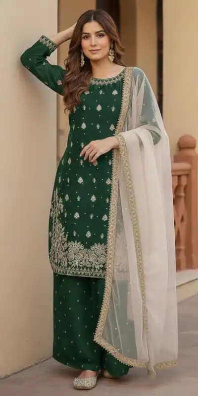 Green Zimmy Silk Embroider Work Salwar Suit | Jump Suits, Salwar suit, Casual Suits, Creative suits, Designer Suits, Palazzo Suits, Party Wear Suits, Patiala Suits, Straight Suits