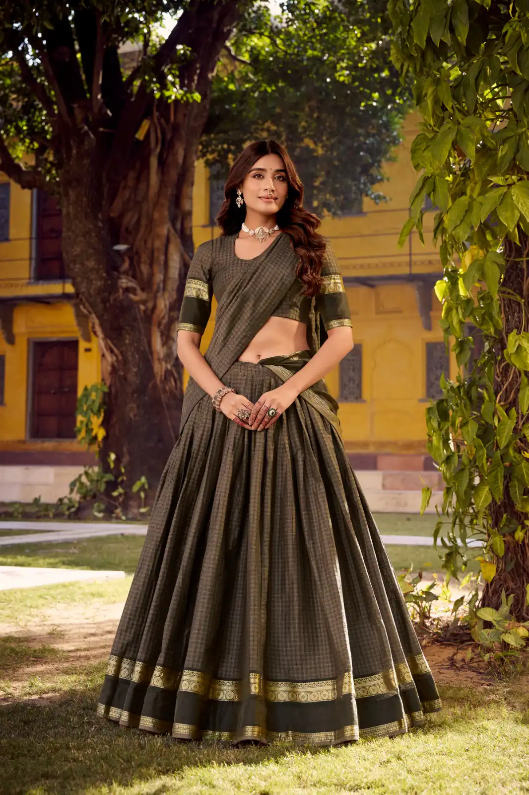 Grey Chettinad Cotton Chex Zari Work Lehenga Choli | Lehenga, Bollywood Lehenga, Creative Lehenga, Designer Lehenga, Embroidered Lehenga, Party Wear Lehenga