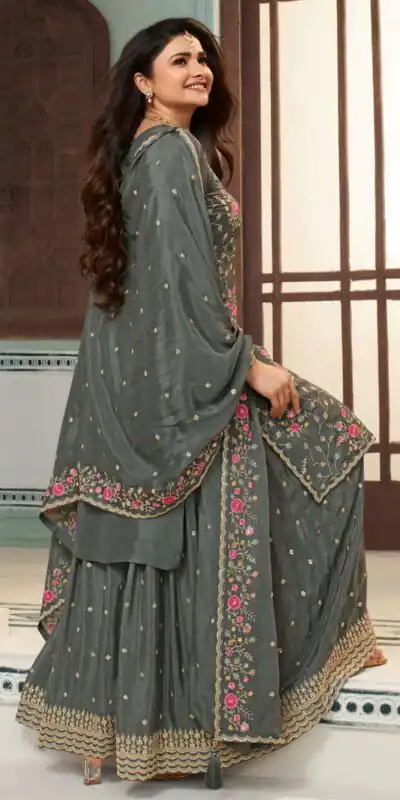 Grey Chinon Multi Work Salwar Suit | Jump Suits, Salwar suit, Casual Suits, Creative suits, Designer Suits, Palazzo Suits, Party Wear Suits, Patiala Suits, Straight Suits