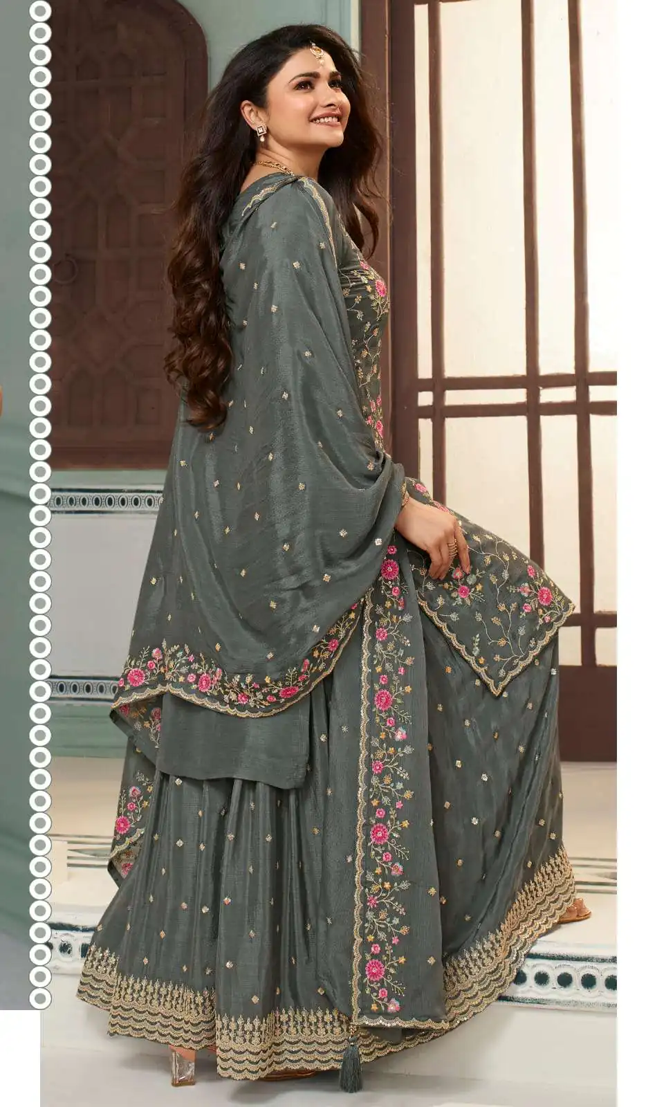 Grey Chinon Multi Work Salwar Suit | Jump Suits, Salwar suit, Casual Suits, Creative suits, Designer Suits, Palazzo Suits, Party Wear Suits, Patiala Suits, Straight Suits