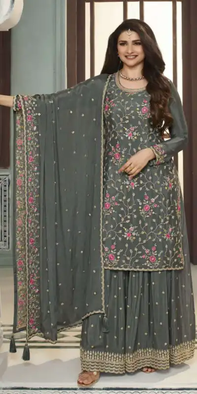Grey Chinon Multi Work Salwar Suit | Jump Suits, Salwar suit, Casual Suits, Creative suits, Designer Suits, Palazzo Suits, Party Wear Suits, Patiala Suits, Straight Suits
