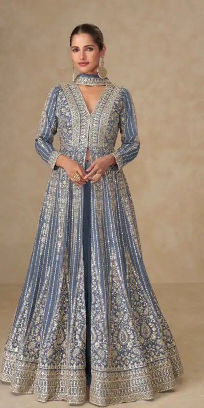 Grey Chinon Silk Embroider Work Salwar Suit | Jump Suits, Salwar suit, Casual Suits, Creative suits, Designer Suits, Palazzo Suits, Party Wear Suits, Patiala Suits, Straight Suits
