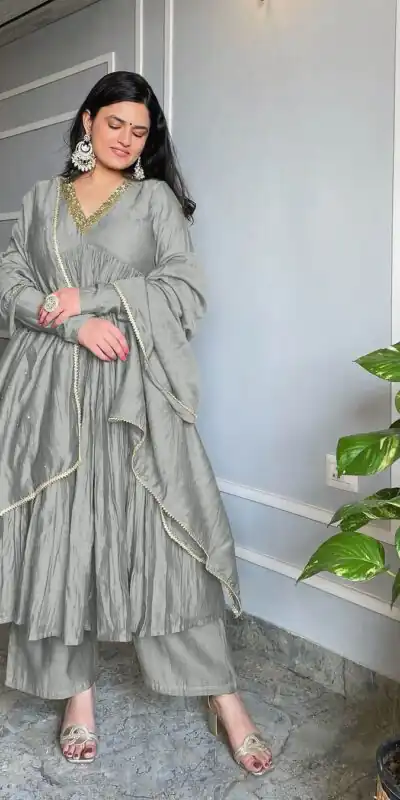 Grey Chinon Silk Embroidery Gown | Jump Suits, Salwar suit, Casual Suits, Creative suits, Designer Suits, Palazzo Suits, Party Wear Suits, Patiala Suits, Straight Suits
